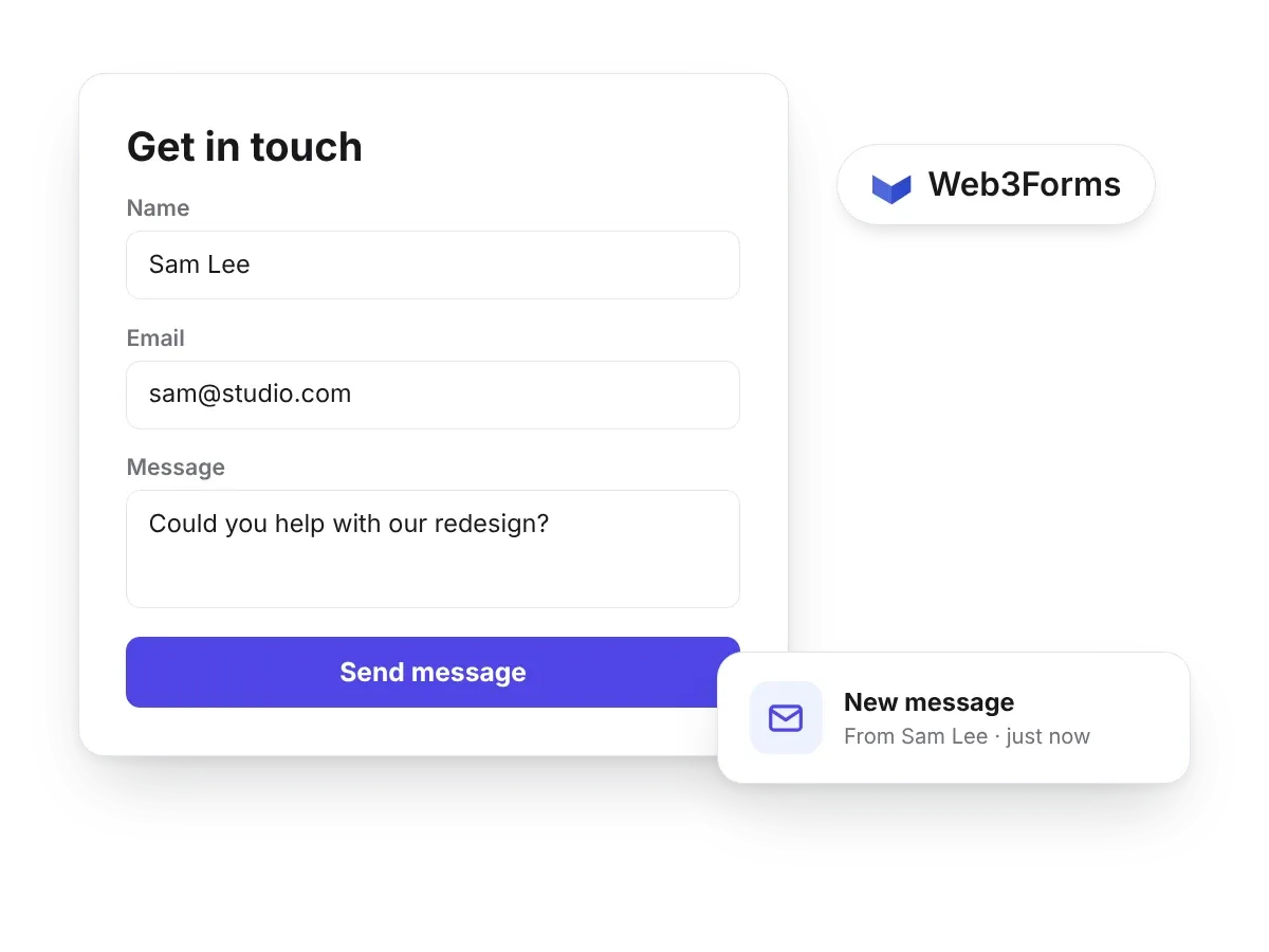 A contact form with a new message notification and the Web3Forms logo