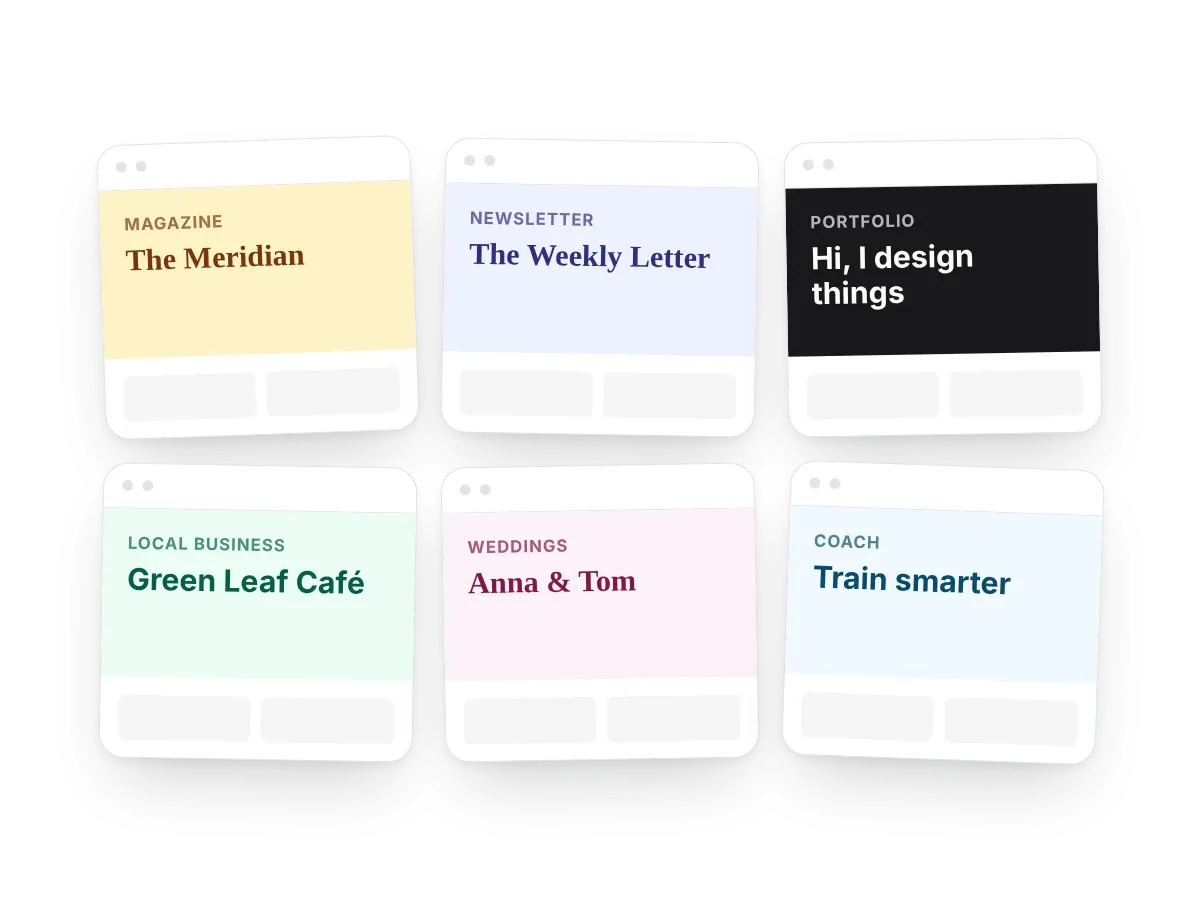 Six theme previews: magazine, newsletter, portfolio, local business, weddings and coach
