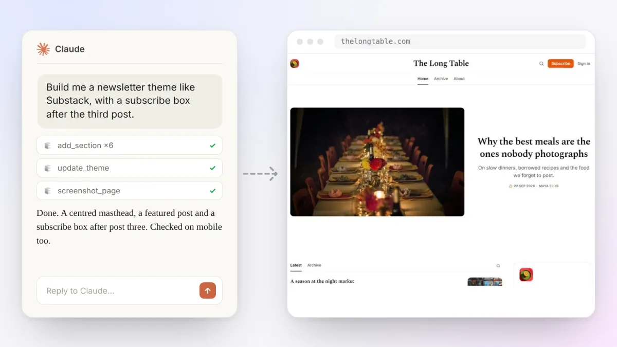 A Claude chat asking for a Substack-style newsletter theme, and the finished theme in a browser