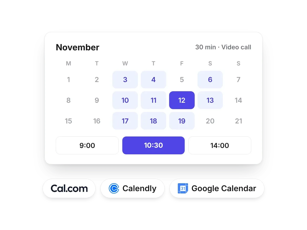 A booking calendar with a time picked, above the Cal.com, Calendly and Google Calendar logos