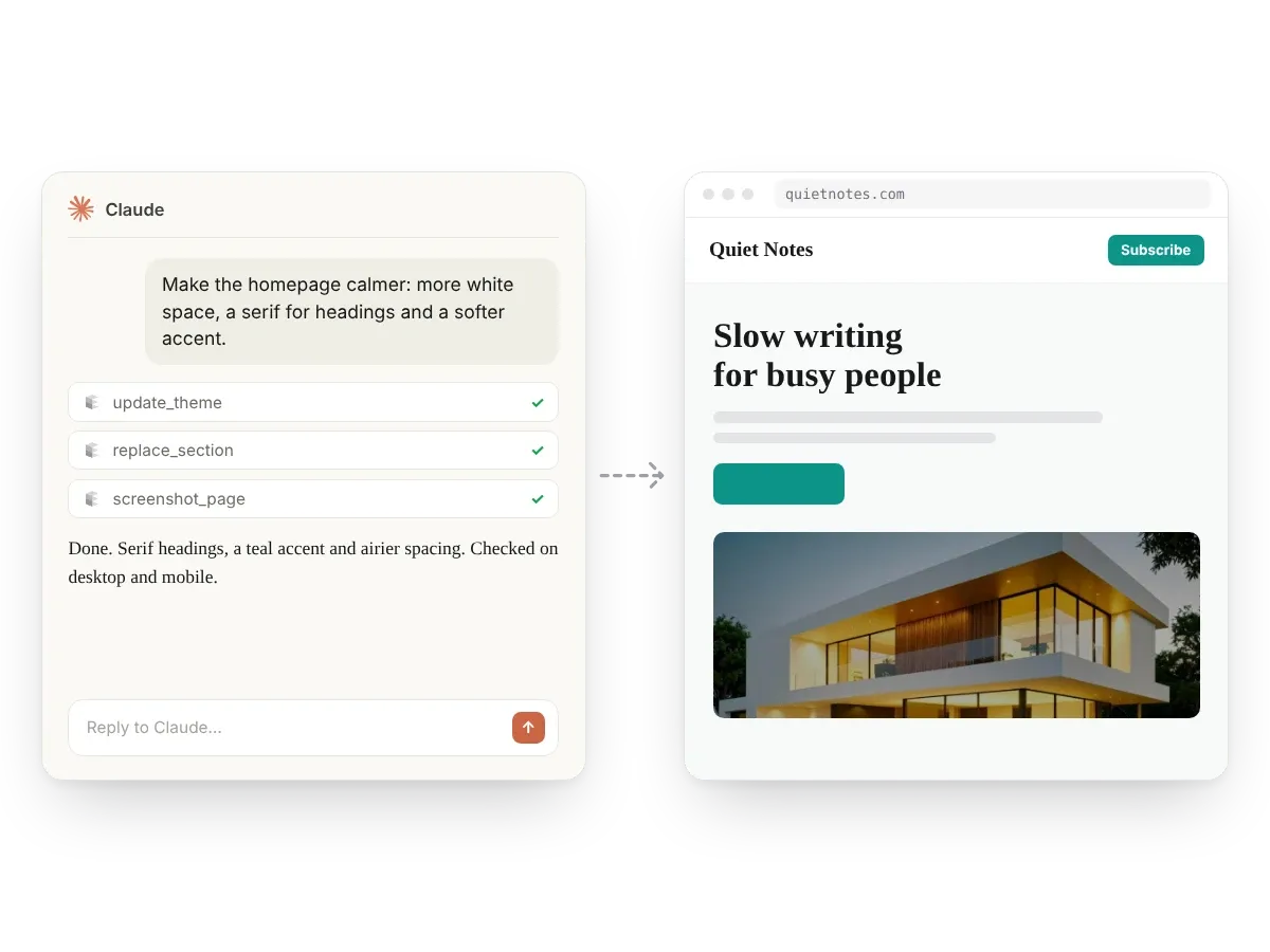 A Claude chat asking for a calmer homepage, with the theme tools it ran and the restyled site