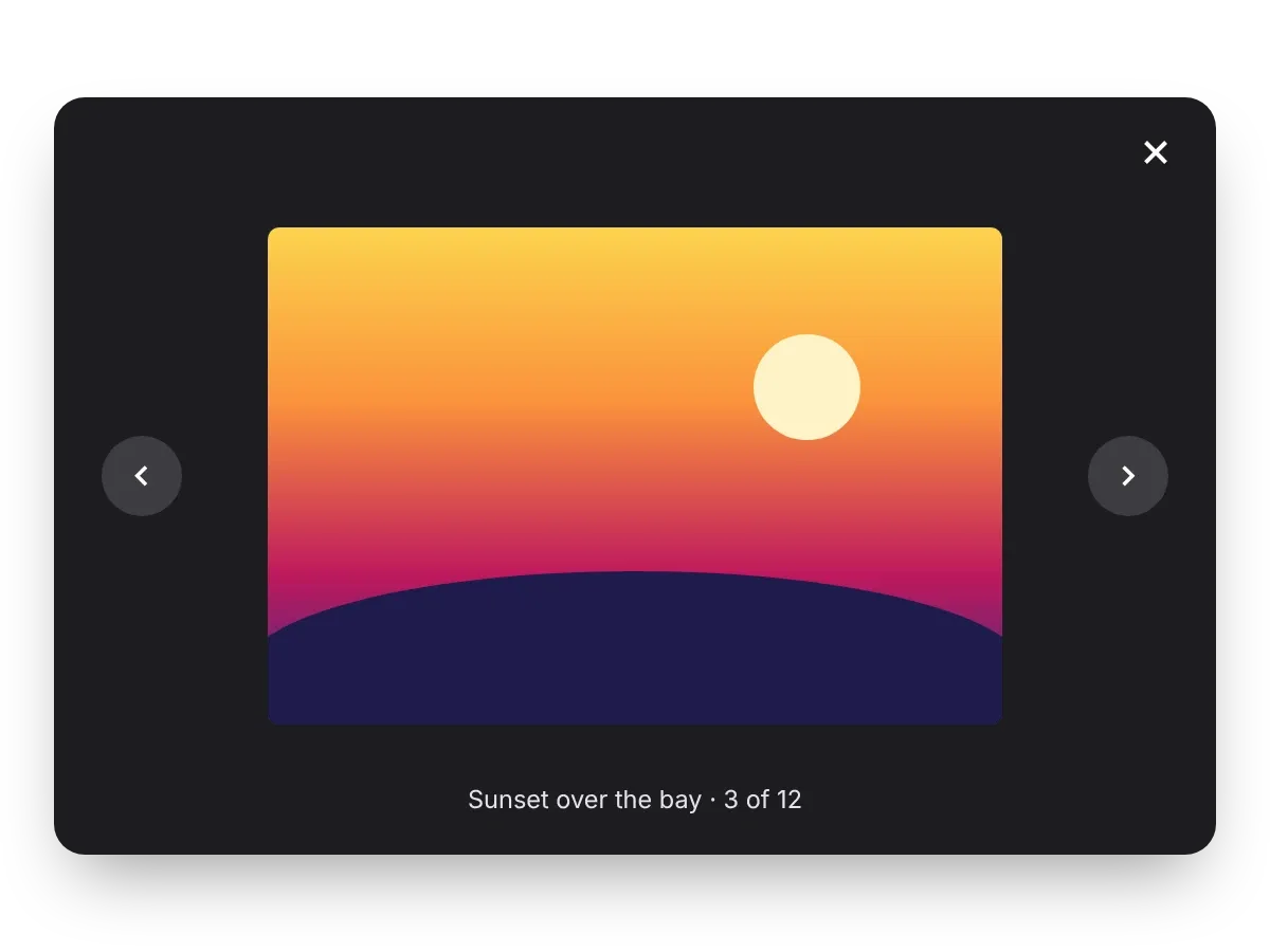 A picture open full screen with previous and next arrows and a caption