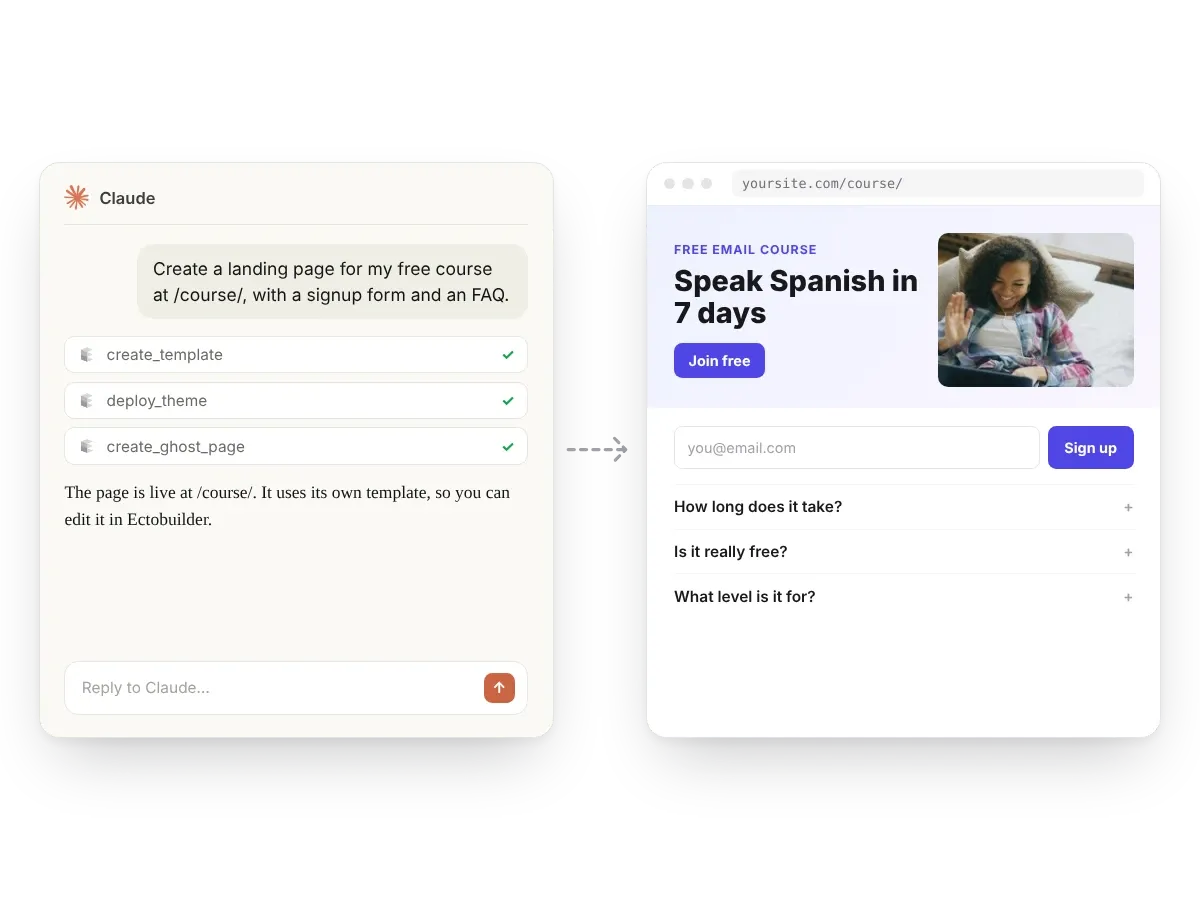 A Claude chat asking for a course landing page, and the live page at /course/