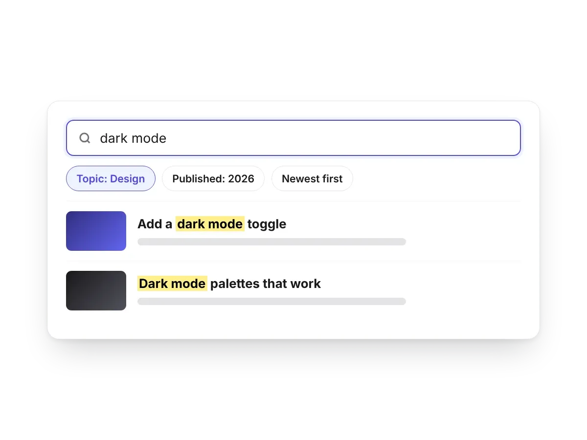 A blog search bar with topic and date filters and matching posts