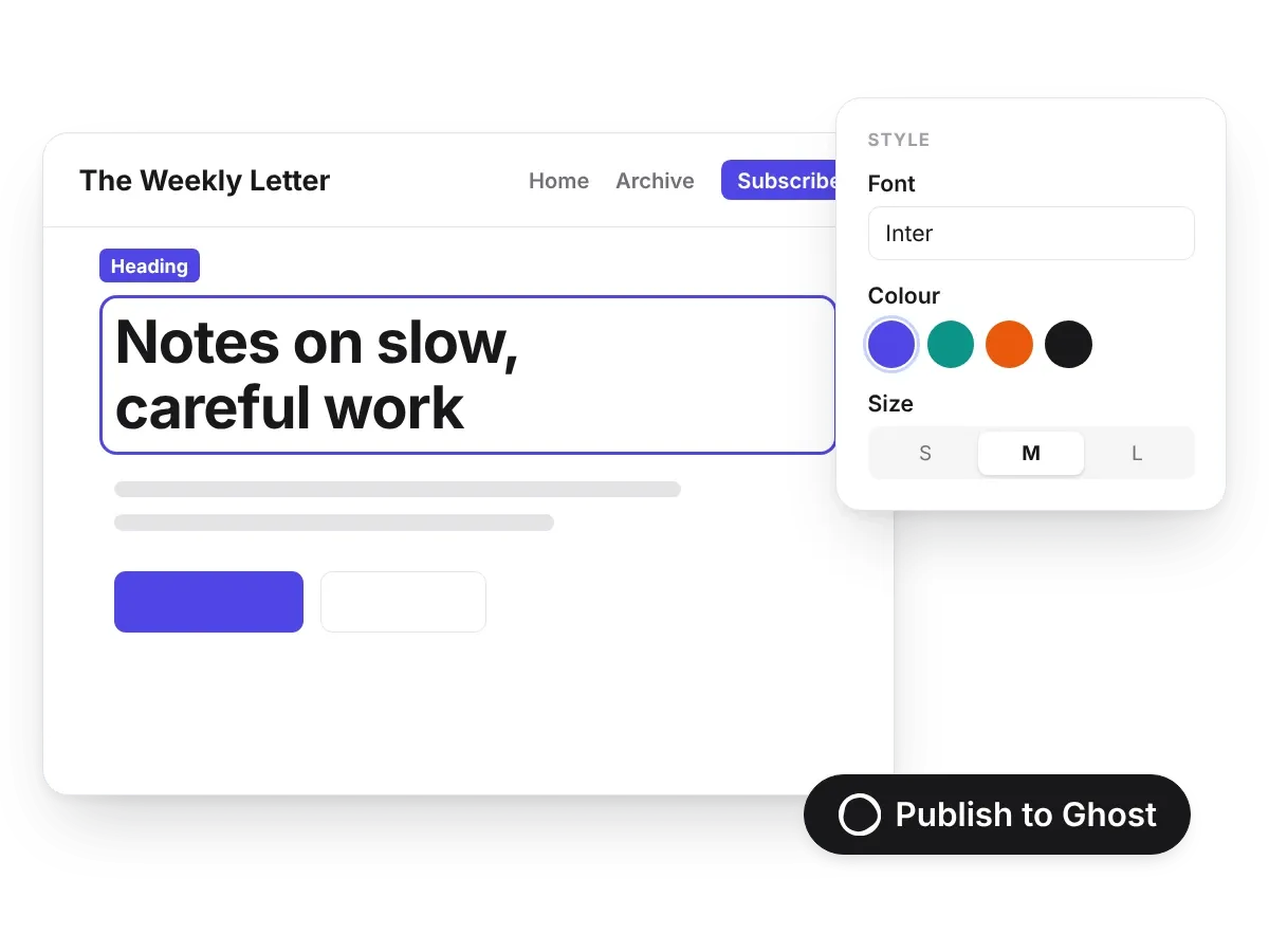 A page in the editor with its heading selected, style settings beside it and a Publish to Ghost button