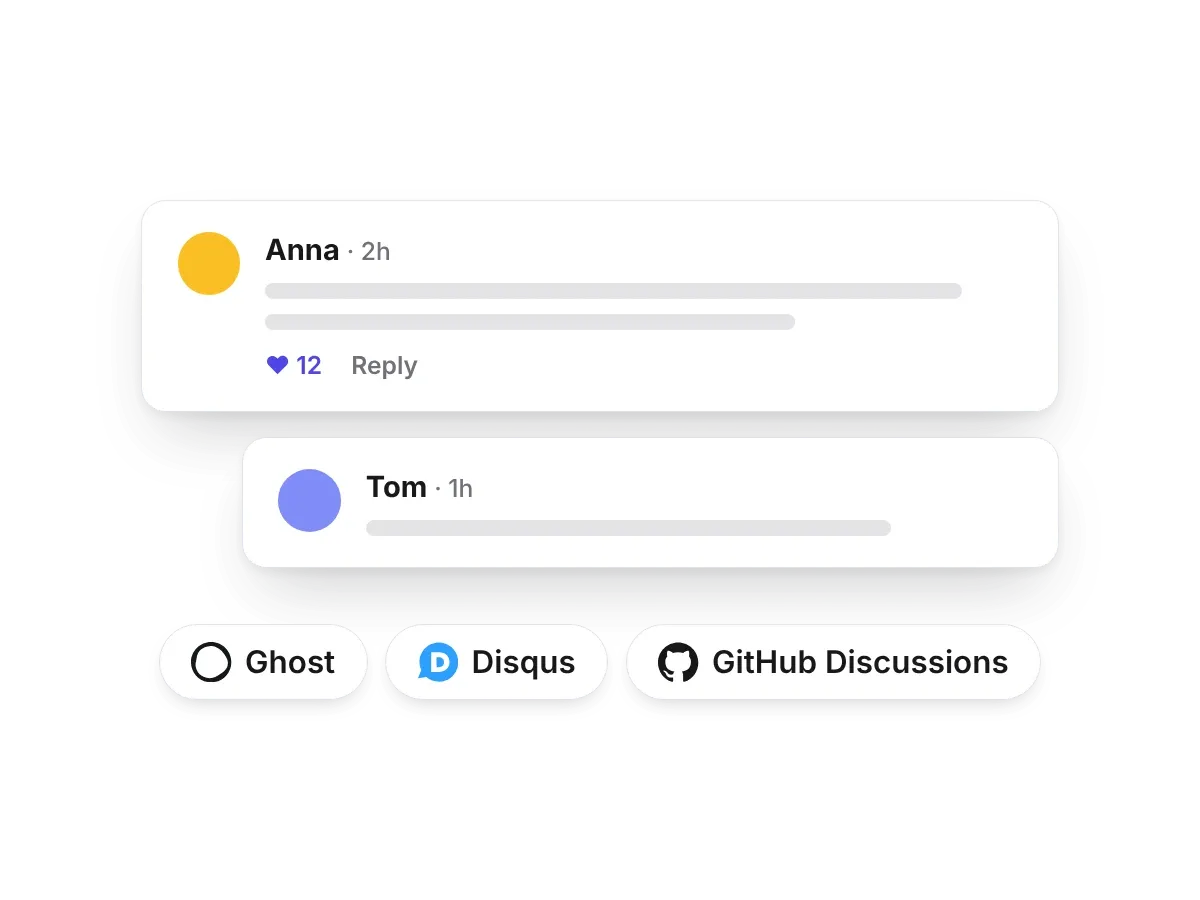 A comment thread above the Ghost, Disqus and GitHub Discussions logos