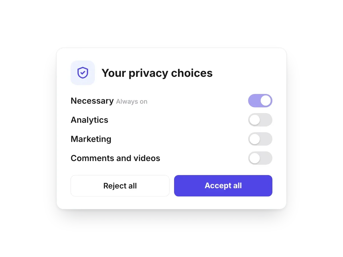 A privacy choices panel with switches for analytics, marketing and comments