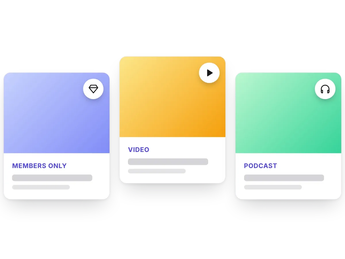 Three post cards marked with a diamond, a play button and headphones