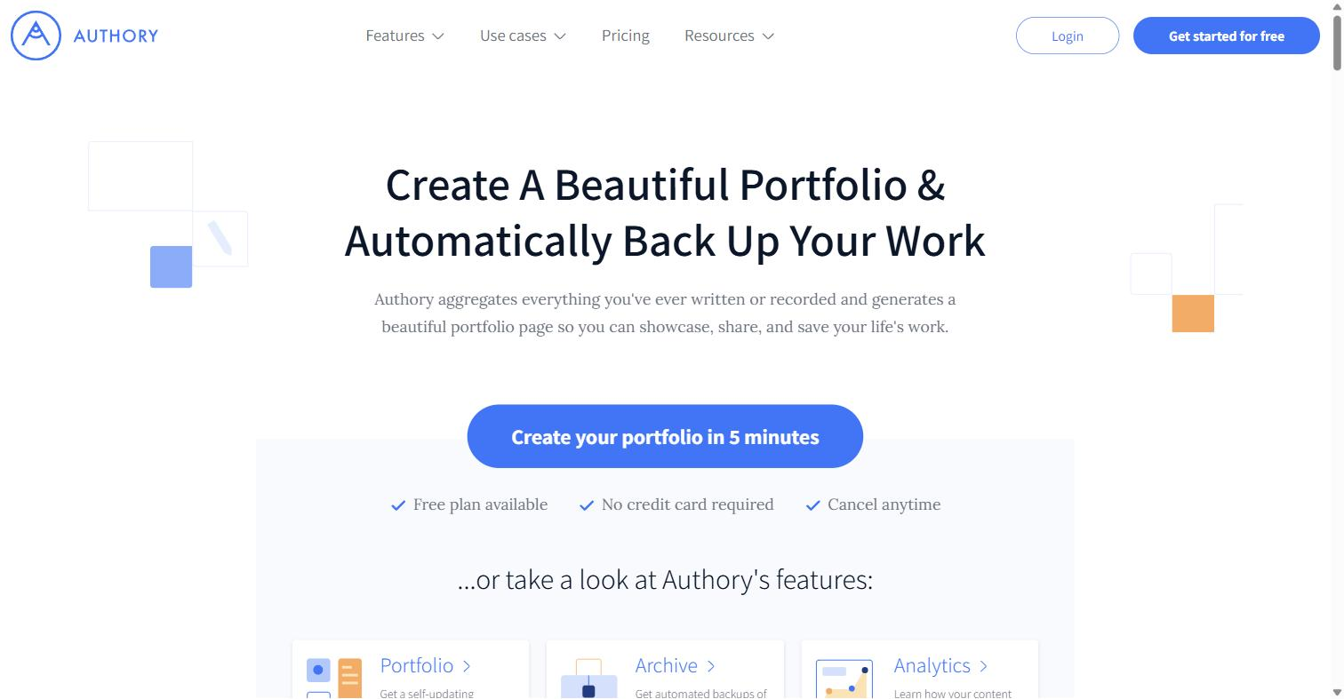 The Authory homepage with the headline Create A Beautiful Portfolio and Automatically Back Up Your Work