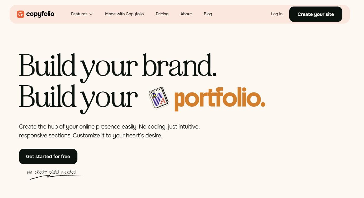 The Copyfolio homepage with the headline Build your brand. Build your portfolio.