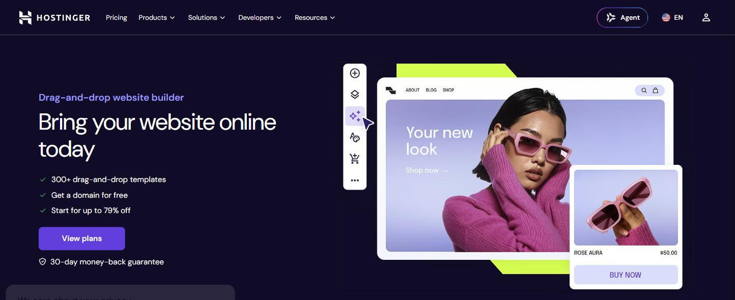 The Hostinger Website Builder page with the headline Bring your website online today