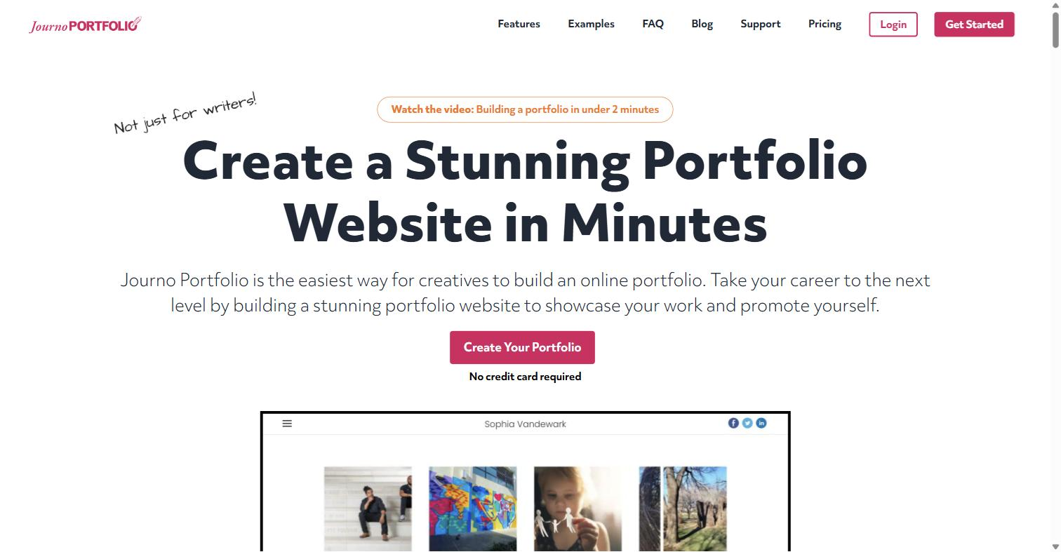 The Journo Portfolio homepage with the headline Create a Stunning Portfolio Website in Minutes