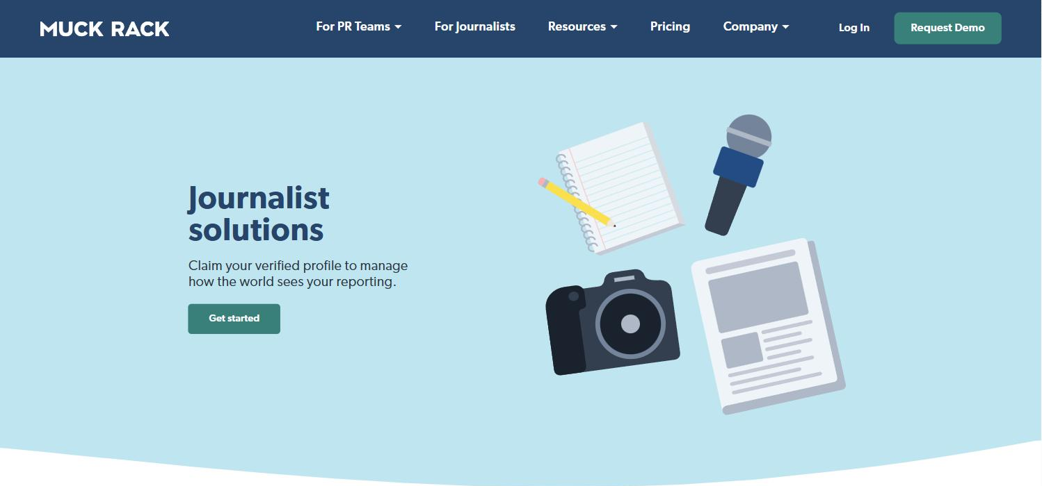 The Muck Rack page for journalists with the headline Journalist solutions and a Get started button