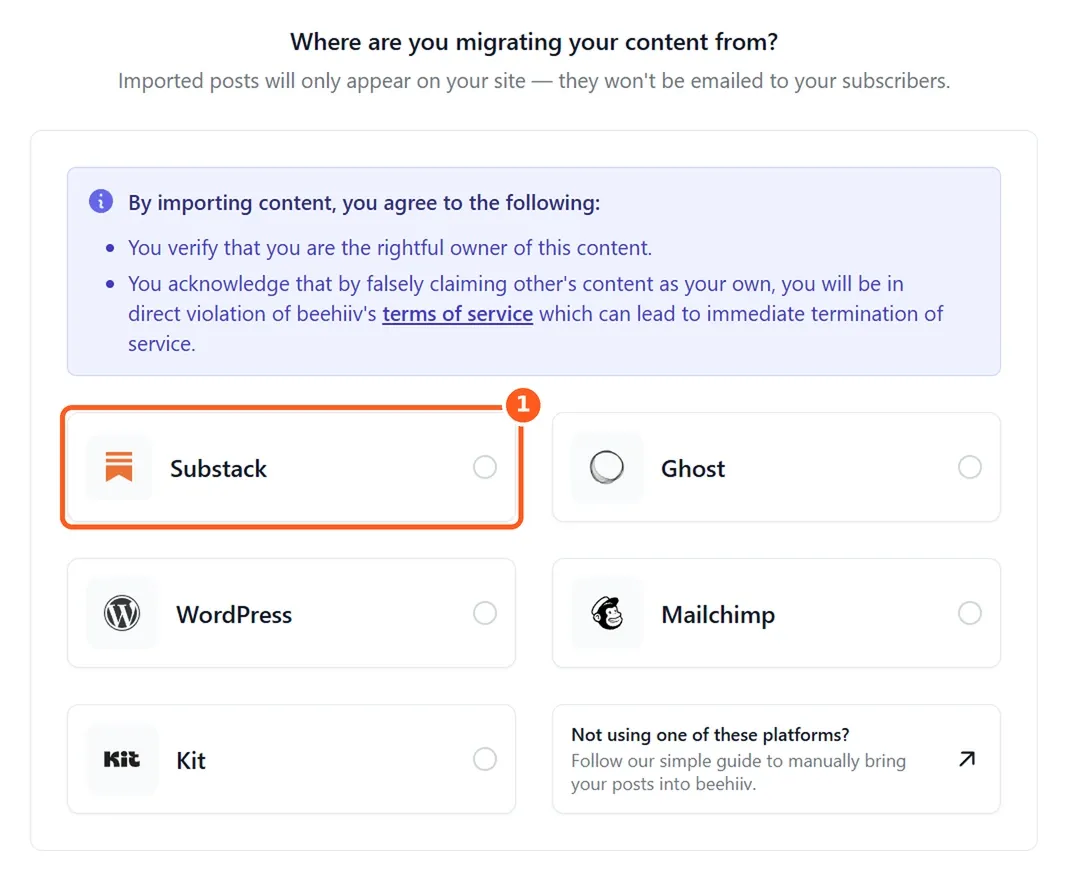 beehiiv's content import screen with Substack selected as one of the sources