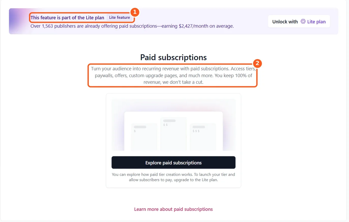 beehiiv's paid subscriptions page saying the feature is part of the Lite plan and that beehiiv doesn't take a cut