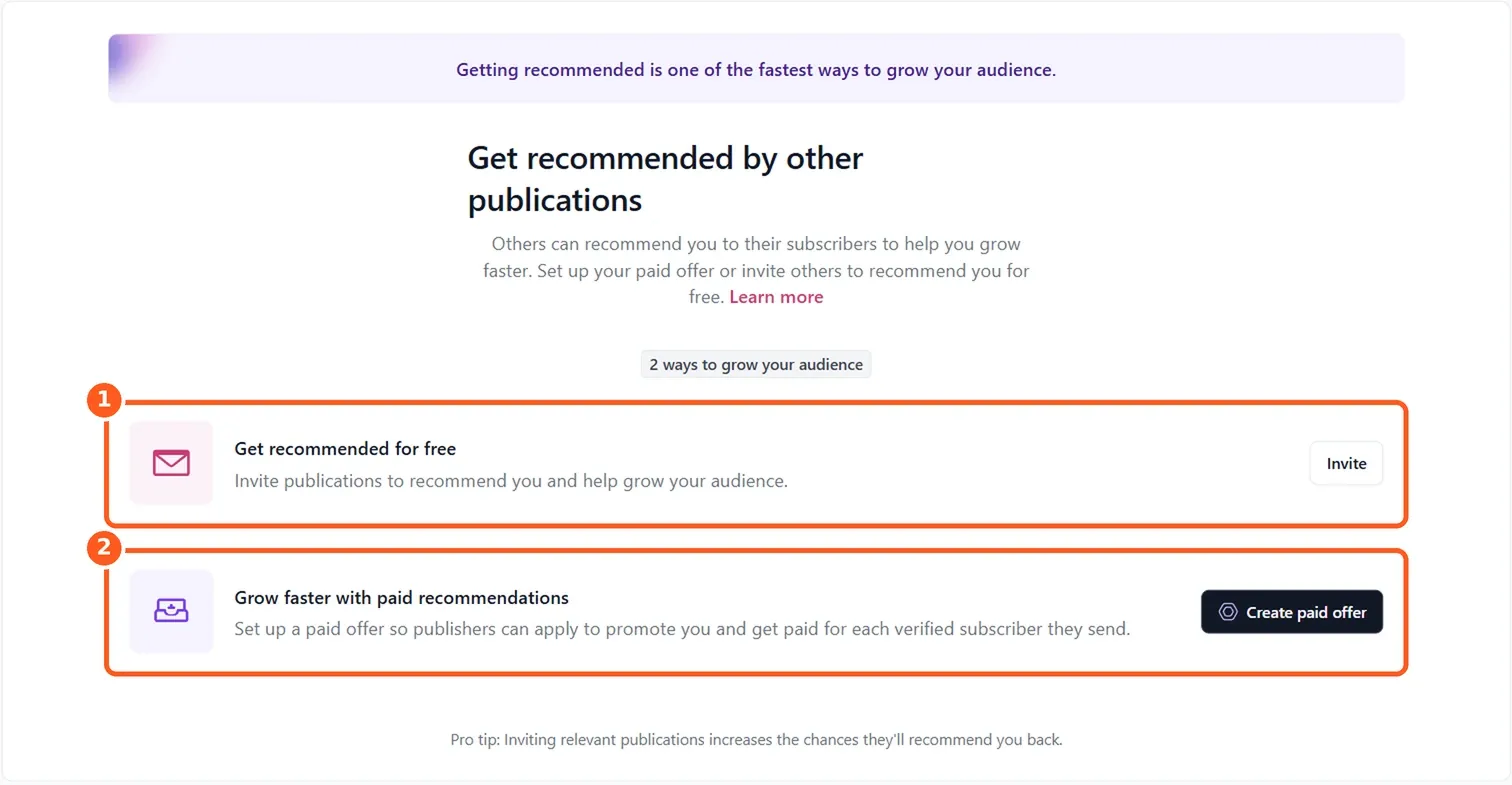 beehiiv's recommendations page with free recommendations and paid recommendations