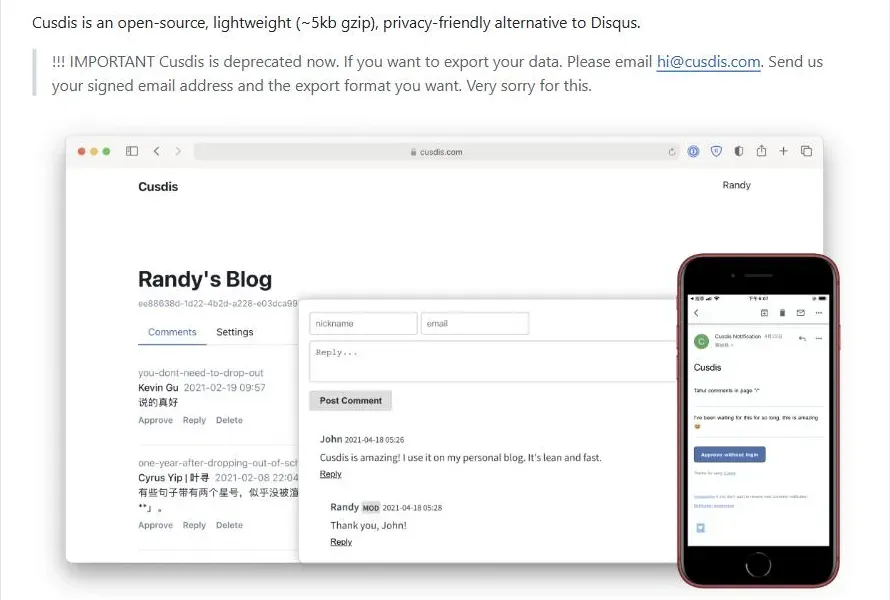 The Cusdis README on GitHub with a notice that Cusdis is deprecated, above a screenshot of its comment dashboard
