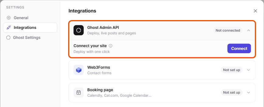 Ectobuilder Settings, Integrations tab, with the Ghost Admin API section open and the Connect button