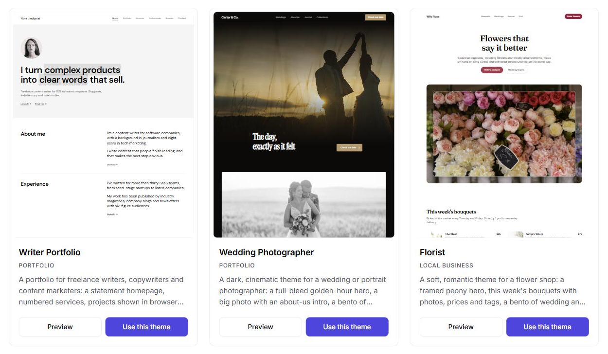 Three themes from the Ectobuilder theme gallery: Writer Portfolio, Wedding Photographer and Florist, each with Preview and Use this theme buttons