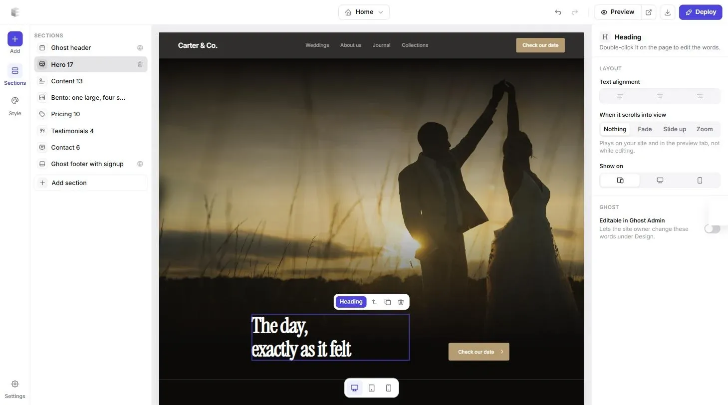 The Ectobuilder editor with a wedding photographer's Ghost theme open and the hero heading selected