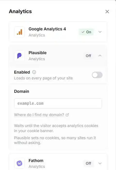 Ectobuilder Analytics settings with cards for Google Analytics 4, Plausible, Fathom, Umami and Meta Pixel, GA4 switched on