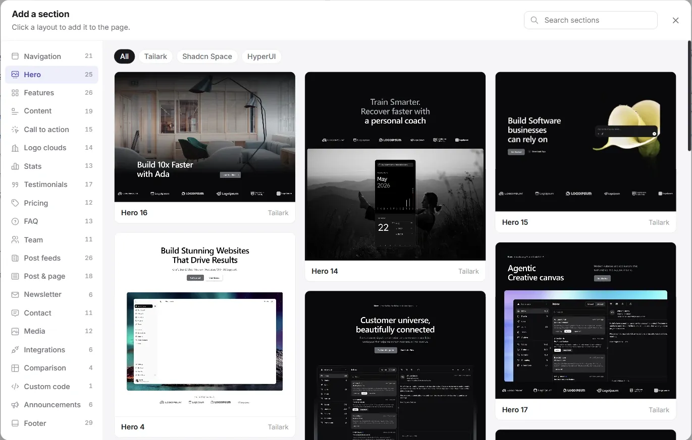 Ectobuilder section library showing hero sections