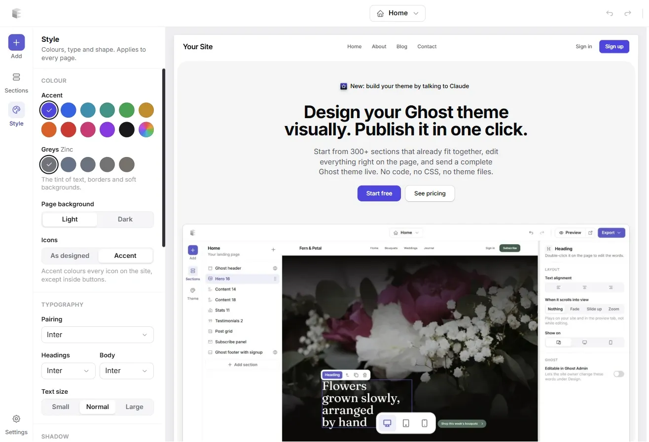Ectobuilder Style panel with accent colours, greys and fonts