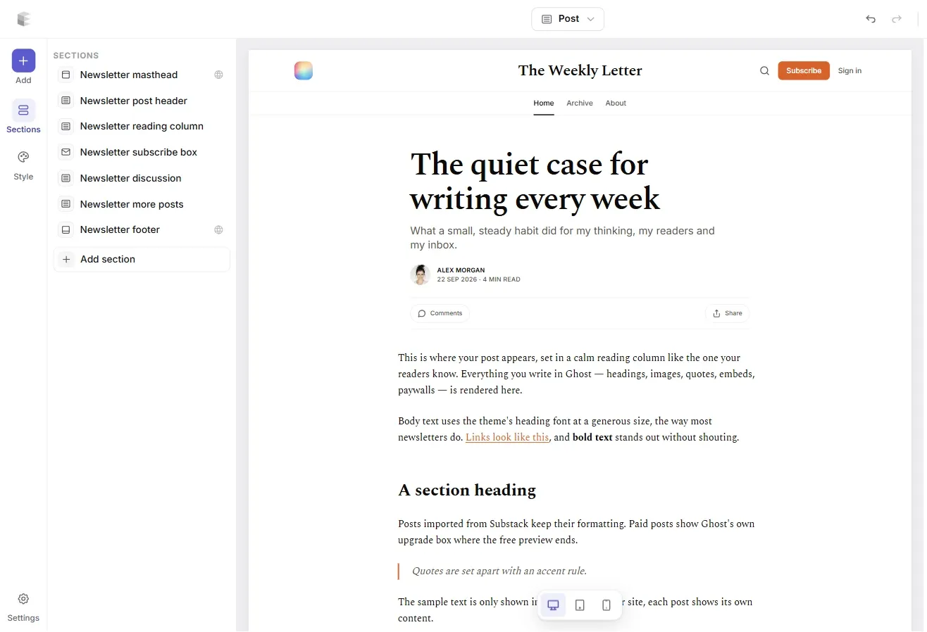 A Substack-style post page for Ghost in the Ectobuilder editor