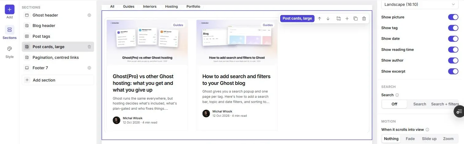 The Ectobuilder editor on the Blog page with the post list selected; the settings panel on the right shows the Search setting with Off, Search and Search + filters