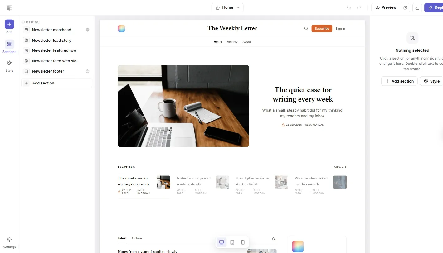 A newsletter theme open in the Ectobuilder editor