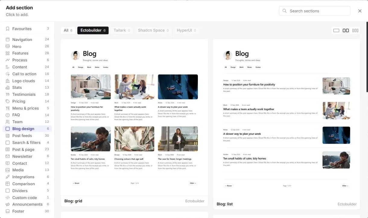 Ectobuilder Add section window with the Blog design category open, showing the Blog: grid and Blog: list sections