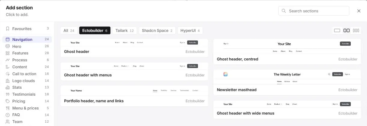 Ectobuilder Add section window with the Navigation category open, showing Ghost header with menus and Ghost header with wide menus among the Ectobuilder headers