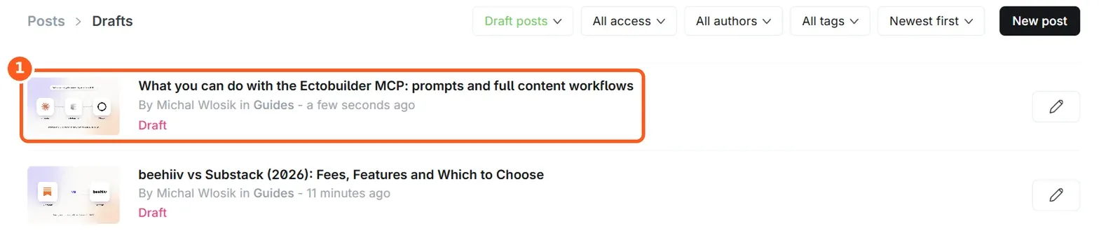 Ghost admin drafts list showing this article saved as a draft by Claude