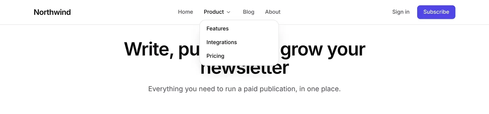 A website header with Home, Product, Blog and About links; the Product dropdown is open, showing Features, Integrations and Pricing