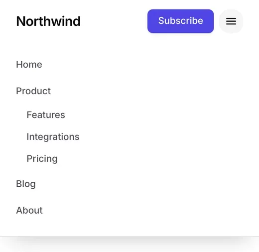 The site on a phone with the menu open: Home, Product with Features, Integrations and Pricing indented below it, then Blog and About