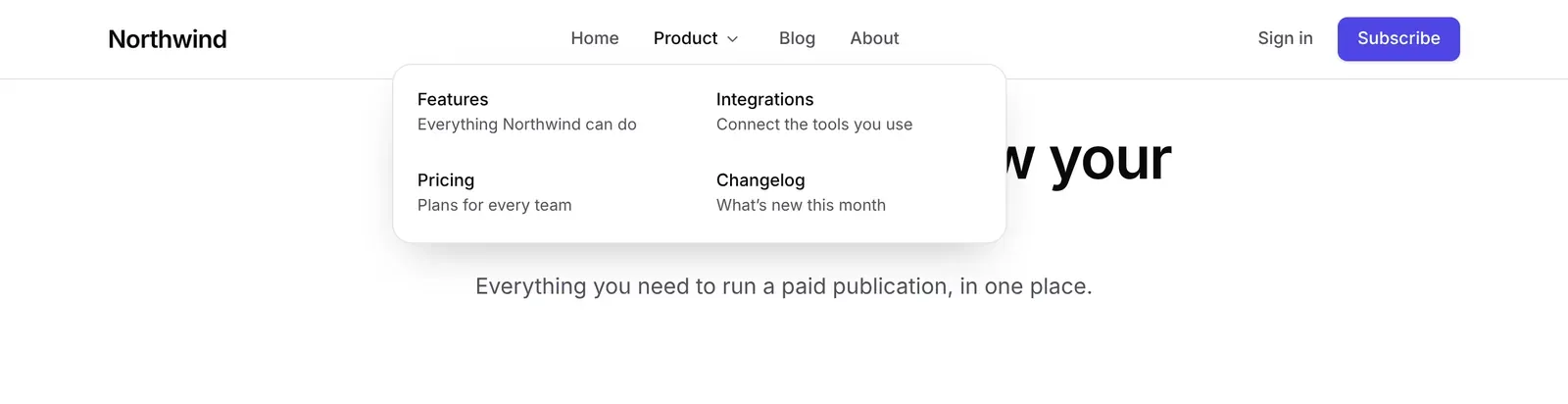 The same header with a wide dropdown open: Features, Integrations, Pricing and Changelog in two columns, each with a one-line description