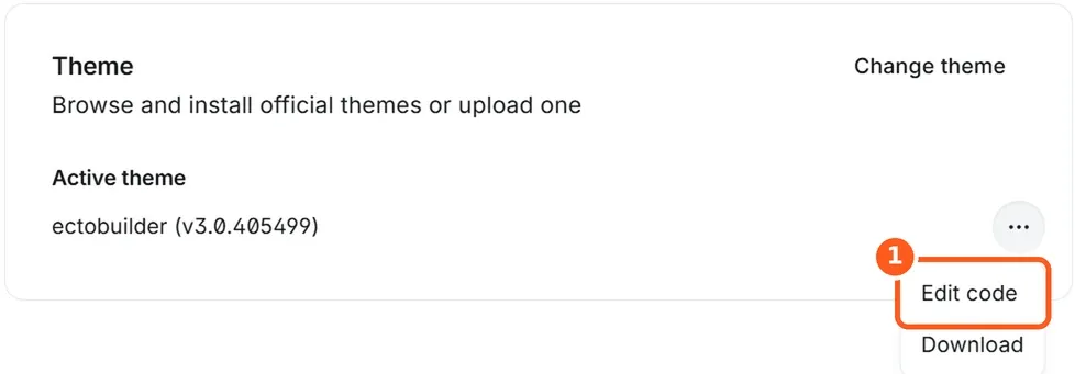 Ghost Settings, Theme section, with the Edit code option in the active theme's menu