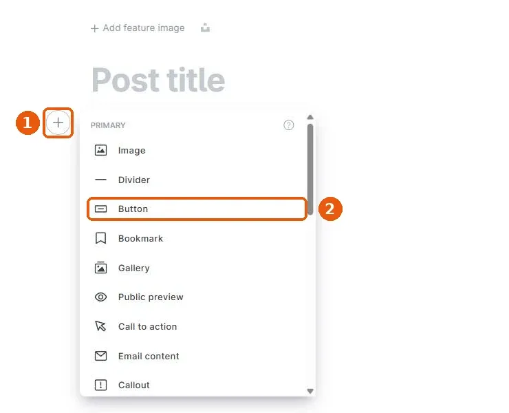 Ghost editor card menu with the Button card highlighted