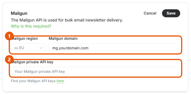 Ghost Admin Mailgun settings with Mailgun region set to EU, Mailgun domain mg.yourdomain.com and the private API key field
