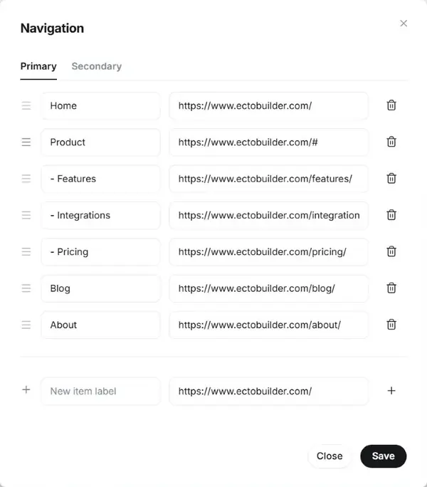 Ghost Admin Navigation settings with the primary menu: Home, Product, then - Features, - Integrations and - Pricing, then Blog and About