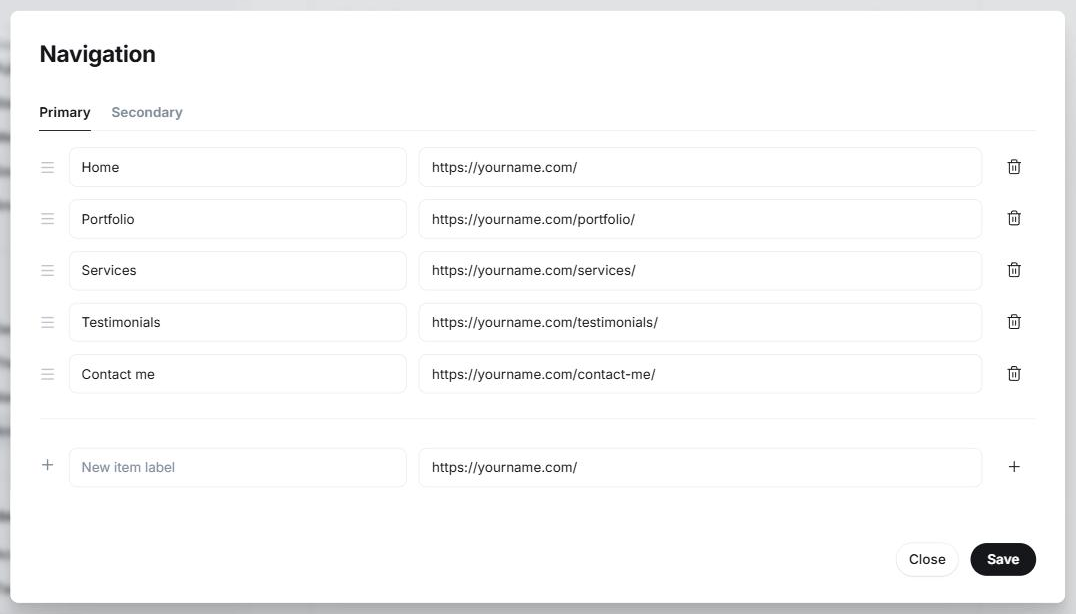 Ghost's Navigation settings with Home, Portfolio, Services, Testimonials and Contact me items