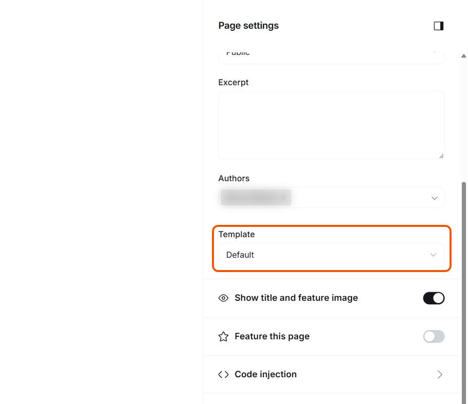 Ghost Page settings with the Template menu highlighted
