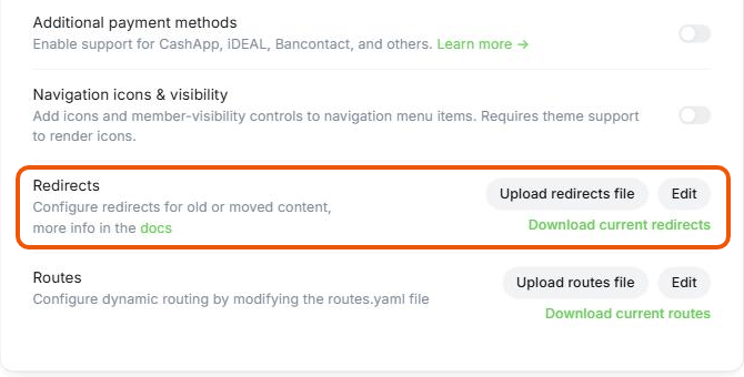 Ghost Labs settings with the Redirects option highlighted, showing Upload redirects file, Edit and Download current redirects