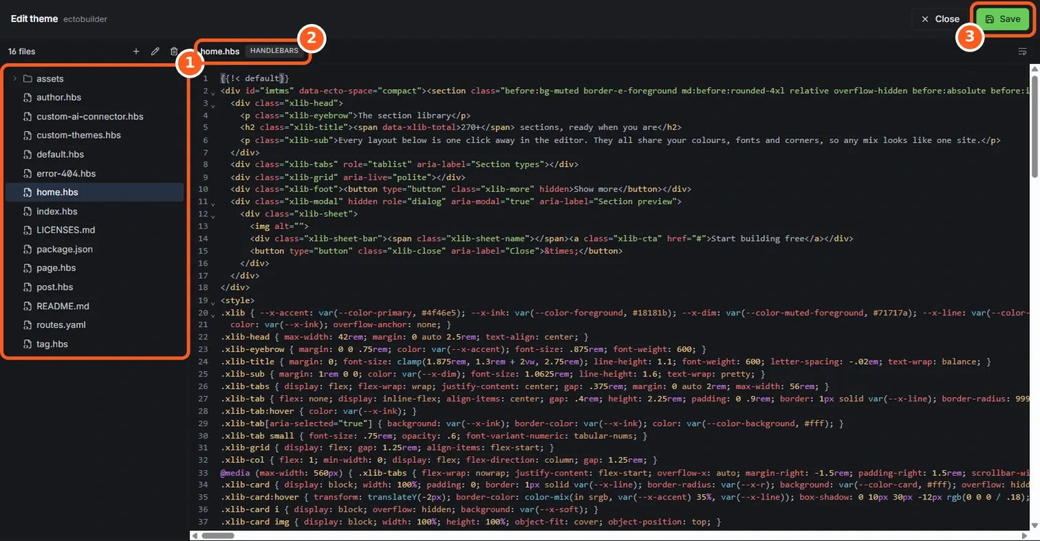 Ghost's theme code editor with the file list on the left and home.hbs open on the right