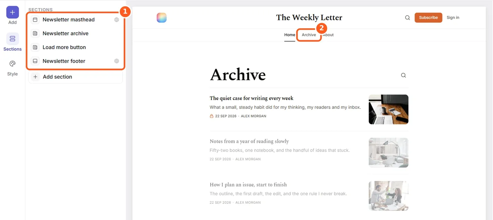 Ectobuilder Blog page built as a newsletter archive