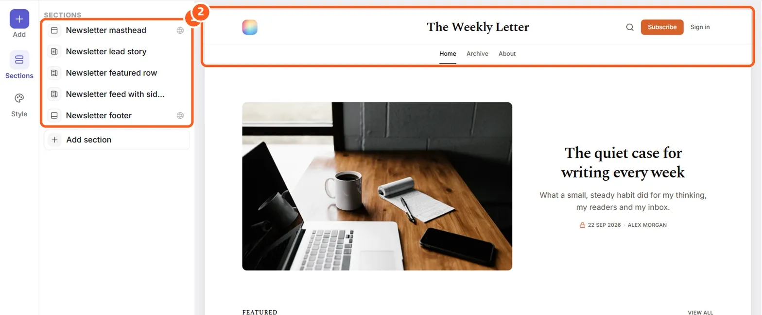 Ectobuilder editor showing the Home page built from newsletter sections