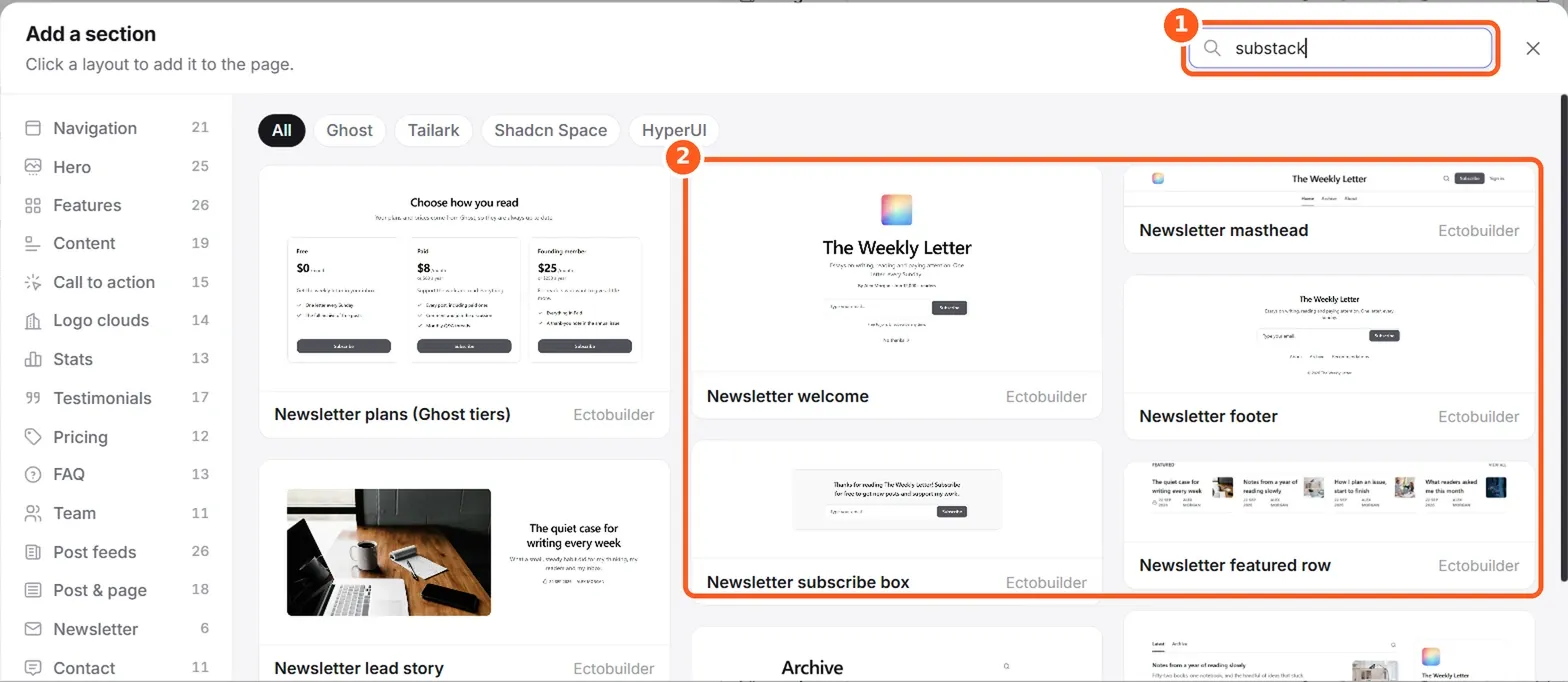 Ectobuilder section library filtered by the word substack