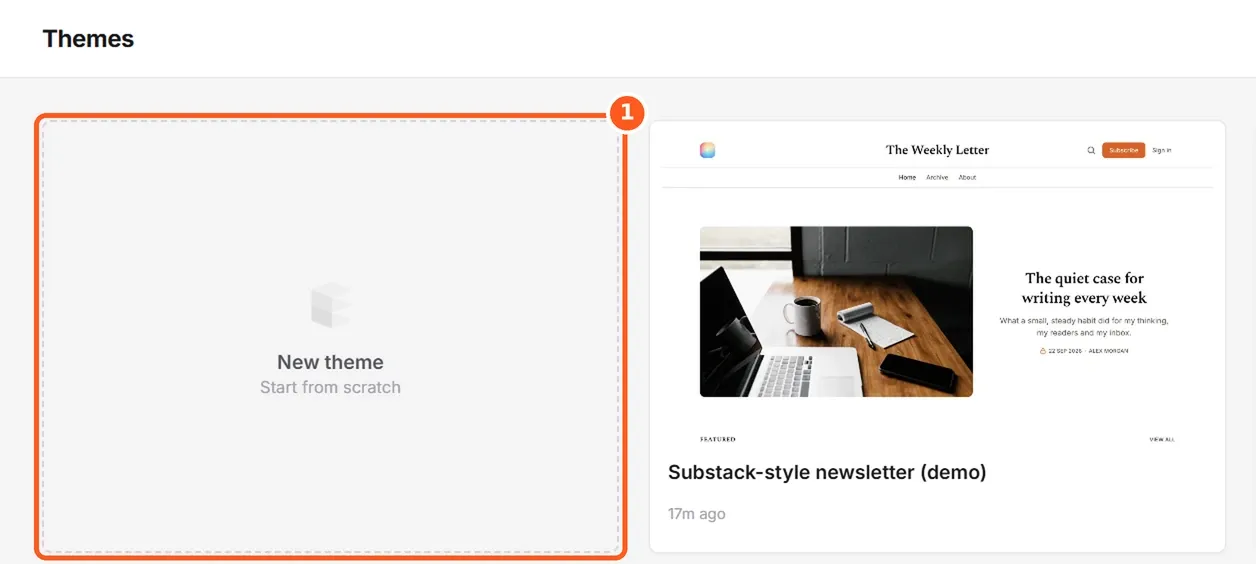 Ectobuilder dashboard with the New theme card highlighted