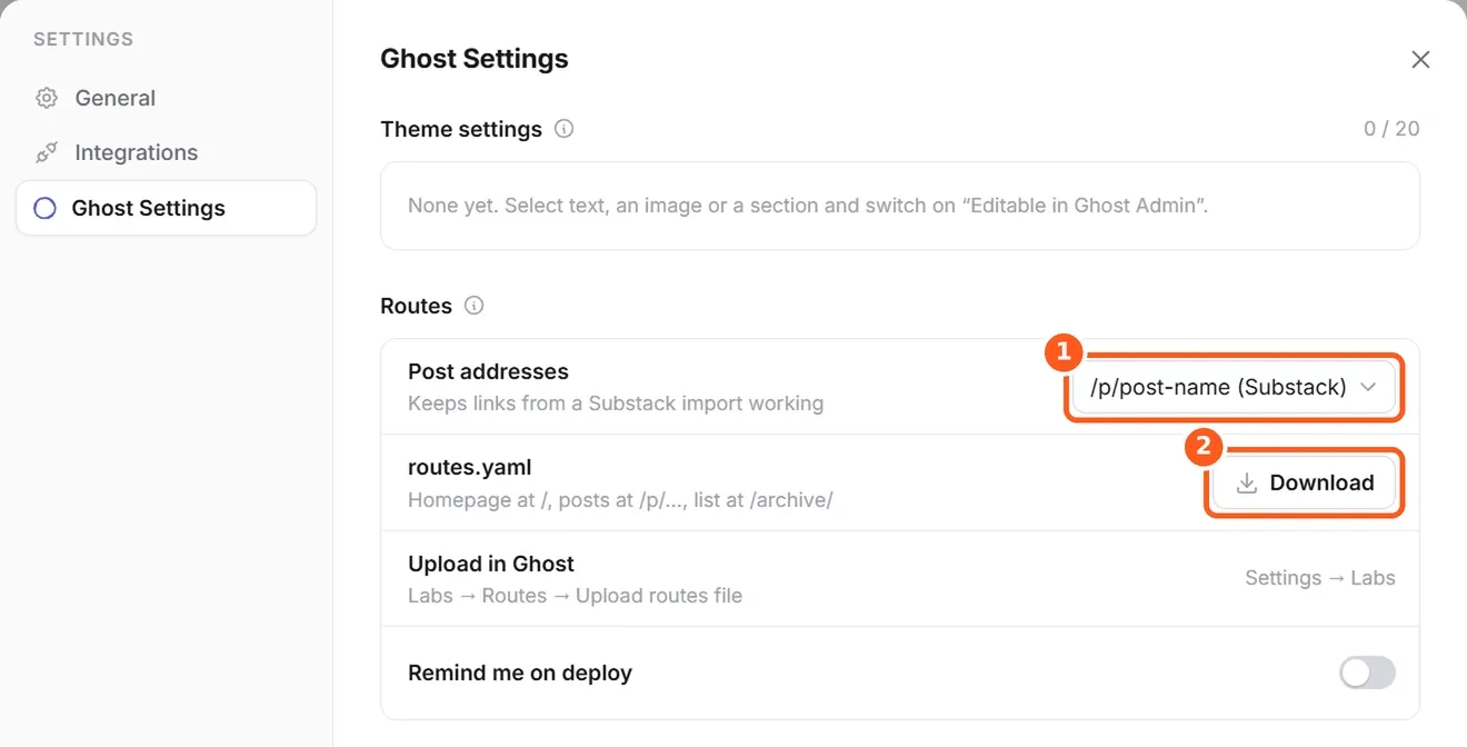 Ghost Settings in Ectobuilder with Post addresses set to the Substack style