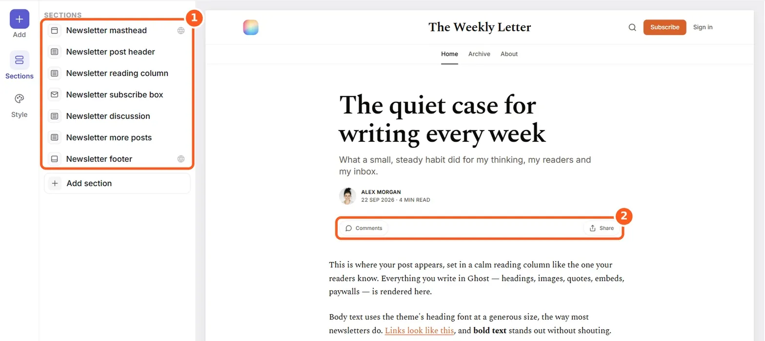Ectobuilder Post page with newsletter post header and reading column